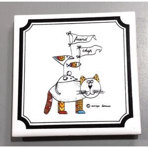 VTG Marge Levine Collectible Art Tile Cat Bird Fish Mouse Friend Ship Signed 4X4